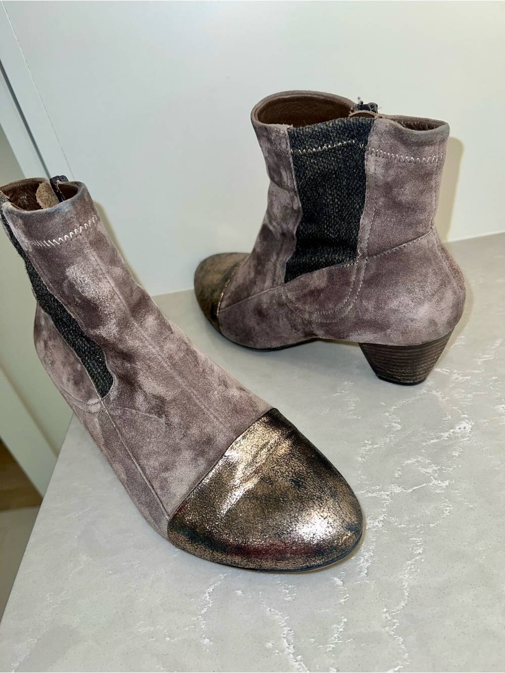 Think! Taupe Genuine Suede Ankle Boots with Metallic Toe -LIKE NEW.•GREAT DEA